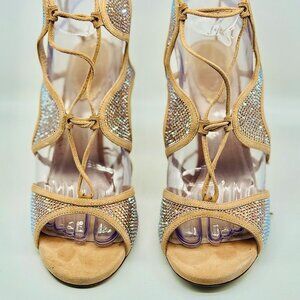 René Caovilla Crystal Flame Lace‑Up Stiletto Sandals | Size 7.5